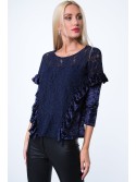 Bluse mit Spitze aus Pannesamt, Marineblau MP28514 – Online-Shop – Boutique